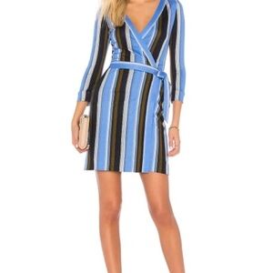 DVF Blue Mini Wrap Dress with Long Sleeves and V-Neck, XS